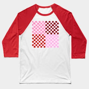 Pink and Red Checkerboard Grid Textured Baseball T-Shirt